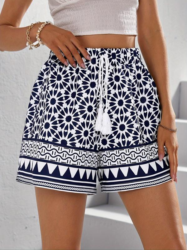 Women's Ethnic Pattern Fringe Drawstring Waist Wide Leg Shorts, Boho Casual High Waist Shorts for Beach Vacation Holiday, Ladies Summer Bottoms