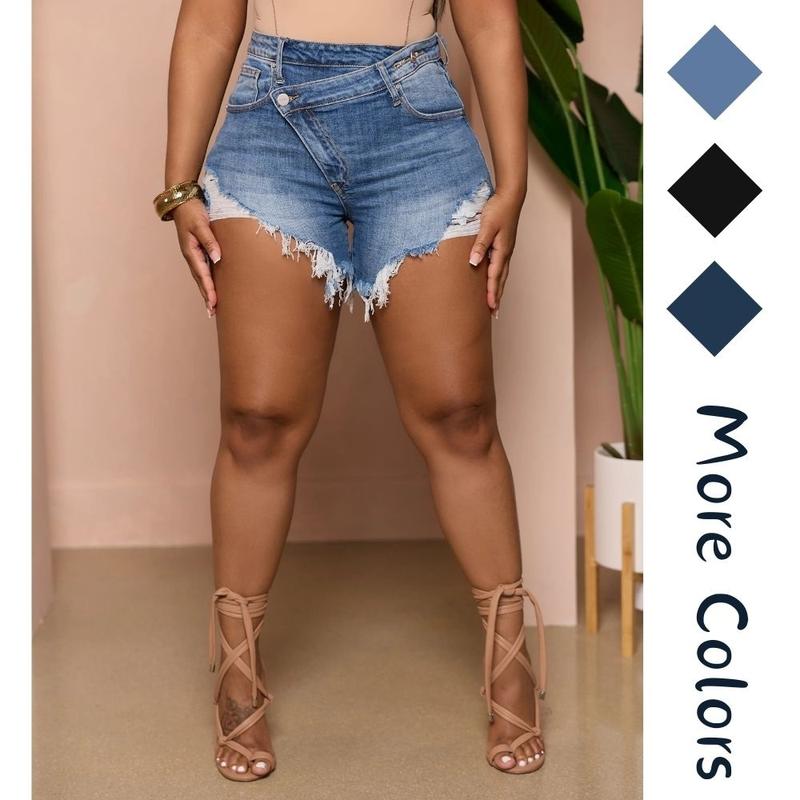 Women's Sexy Mini Denim Shorts Jean Shorts Irregular With Pockets Frayed Raw Hem Ripped Summer Denim Shorts