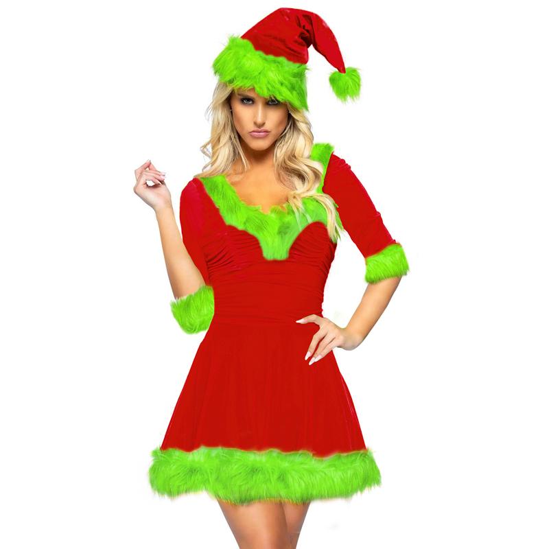 Christmas Santa Dress for Women, Plush Patchwork Half Sleeve V-Neck Classic Green Monster Costume