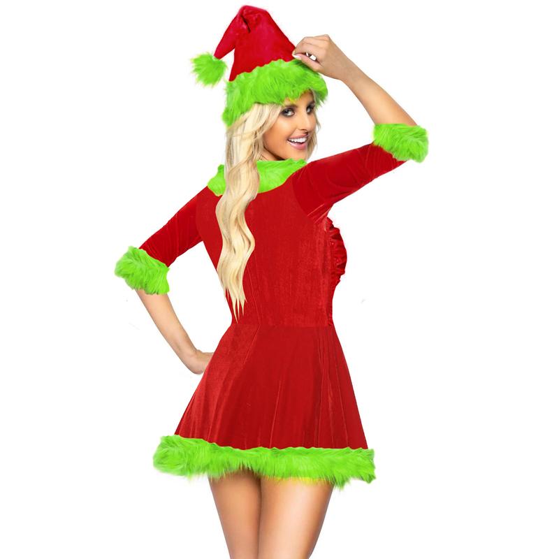 Christmas Santa Dress for Women, Plush Patchwork Half Sleeve V-Neck Classic Green Monster Costume