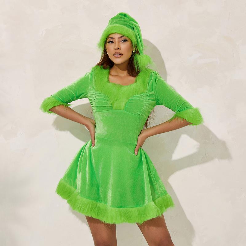 Christmas Santa Dress for Women, Plush Patchwork Half Sleeve V-Neck Classic Green Monster Costume