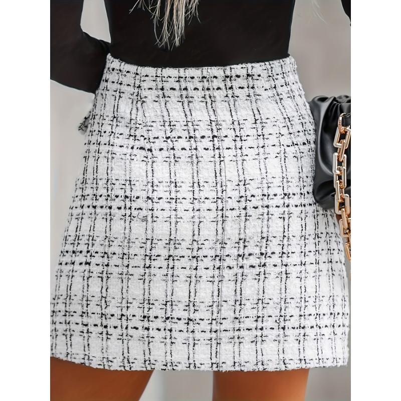 Plaid Pattern Single Breasted Skirt, Elegant High Waist Aline Skirt For Spring & Fall, Women's Clothing