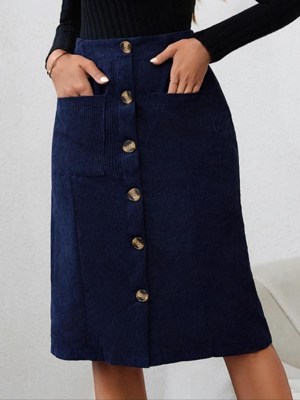 Women's Plain Button Front Pocket Skirt, Casual Fashionable High Waist Knee Length Skirt for Daily Outdoor Wear, Women's Bottoms for Fall & Winter