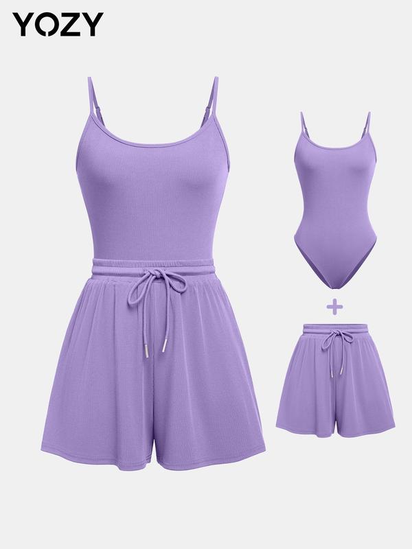 YOZY [10 colors, size 0 2-14]  Adjustable Strap Cami Bodysuit & Drawstring Wide Leg Shorts Set  Casual Round Neck Sphaghetti Strap Bodysuit & Elastic Shorts Set, 2024 Women's Wear for Summer, [XS-XXL]