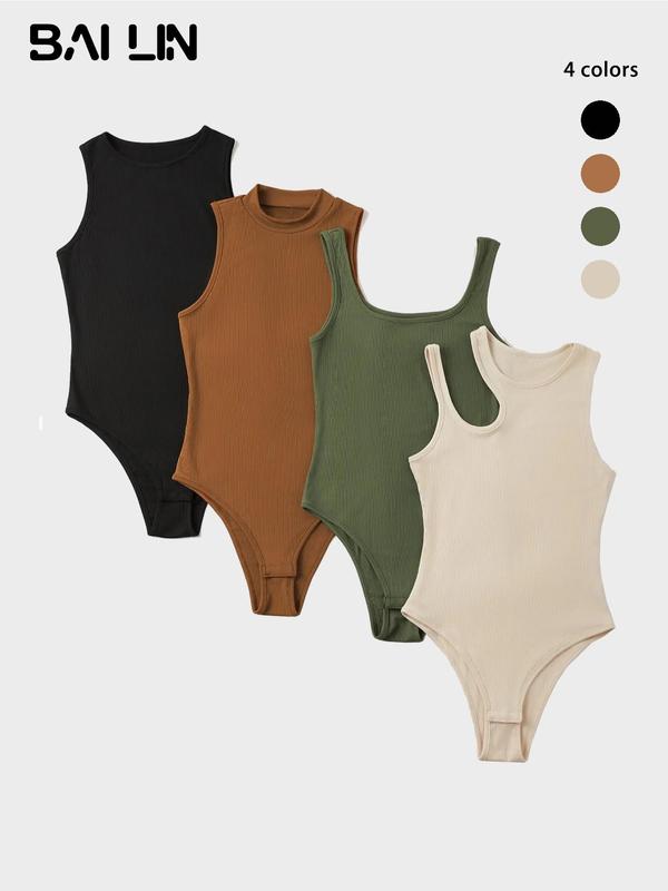 Women's Plain Cut Out Round Neck Sleeveless Bodysuit, Bodysuits for Women, Casual Crewneck Ribbed Bodysuit for Summer, body suits for women, Lady's Top Clothes,  Minimalist Womenswear, One-Piece Clothes Women, Summer Outfits, 2024 Trendy Women Outfits