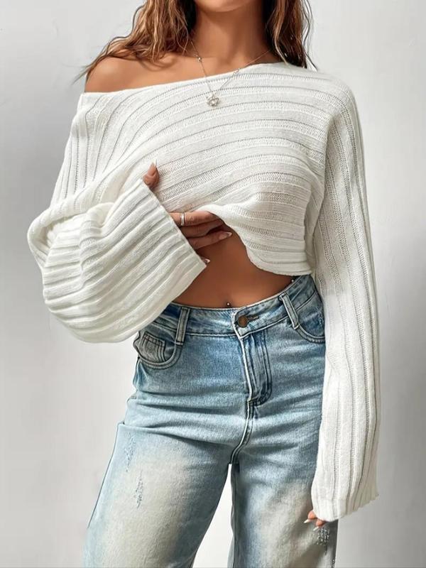 Women's Plain Batwing Sleeve Ribbed Crop Sweater, Casual Long Sleeve Scoop Neck Jumper for Spring & Fall, Fashion Women's Knitwear for Daily Wear