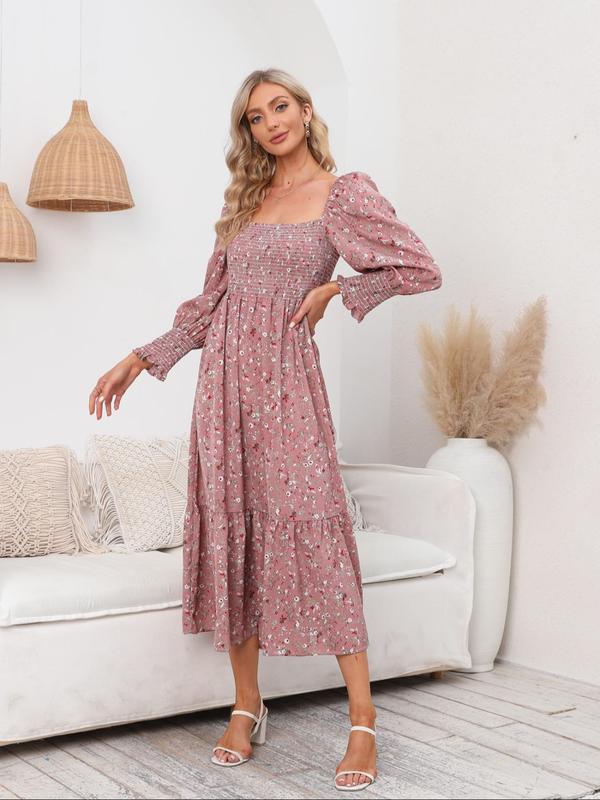 Women's Ditsy Floral Print Shirred Backless A Line Dress, Boho Bishop Sleeve Square Neck Long Dress for Beach Holiday Vacation, Ladies Clothes for All Seasons