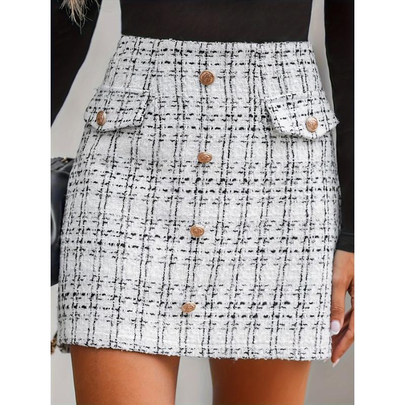 Plaid Pattern Single Breasted Skirt, Elegant High Waist Aline Skirt For Spring & Fall, Women's Clothing