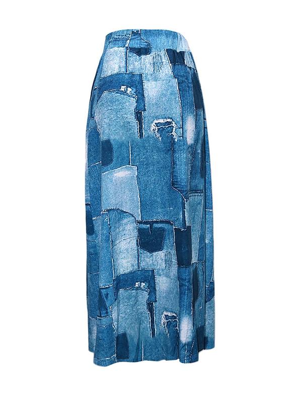 Women's Denim-Effect Print Zipper A Line Skirt, Casual Fashionable Maxi Skirt for Daily Outdoor Wear, Women Bottoms for Summer