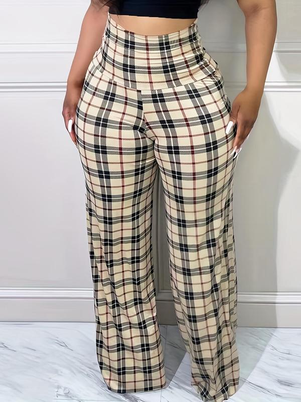 Women's Houndstooth   Plaid Print Elastic Waist Wide Leg Pants, Casual Comfy Trousers for Spring & Fall, Women's Bottoms for Daily Wear