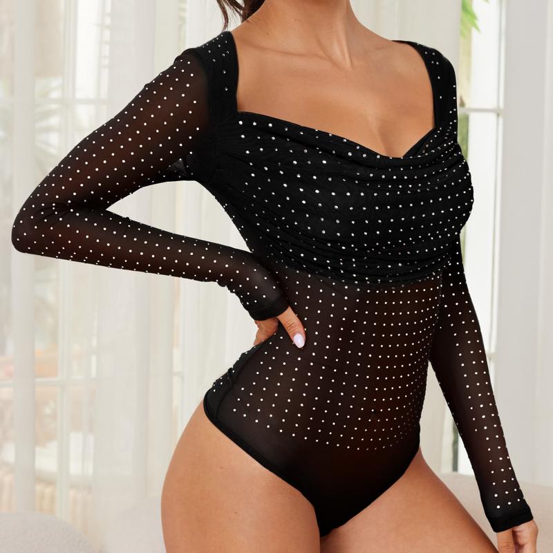 Women's Christmas 2024 Sparkle Rhinestone Bodysuit Top Long Sleeve Turtleneck Soft Sheer Mesh Thong Concert Party Music Festival Glitter Light Body Suits Dance Clothing Outdoors