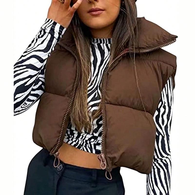 Women Winter Cropped Puffer Vest Lightweight Sleeveless Warm Stand Neck Zipper Outerwear Casual Jacket