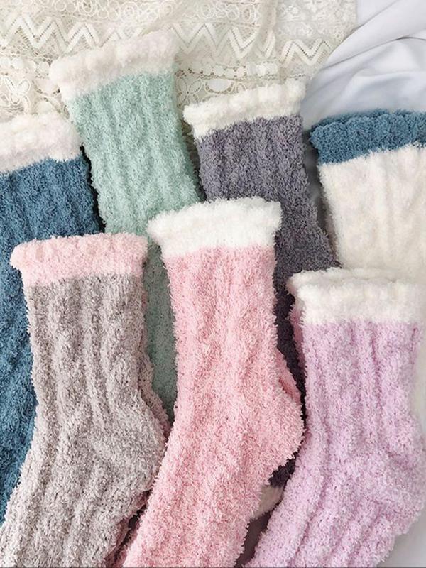 Women's 7 Pairs Colorblock Fuzzy Crew Socks, Stocking Gifts, Soft Comfy Warm Mid-calf Socks for Fall & Winter, Women's Socks for Daily Wear, Women's Gift Set, Cold Weather Gear, Fall Wear, Fallfreshness