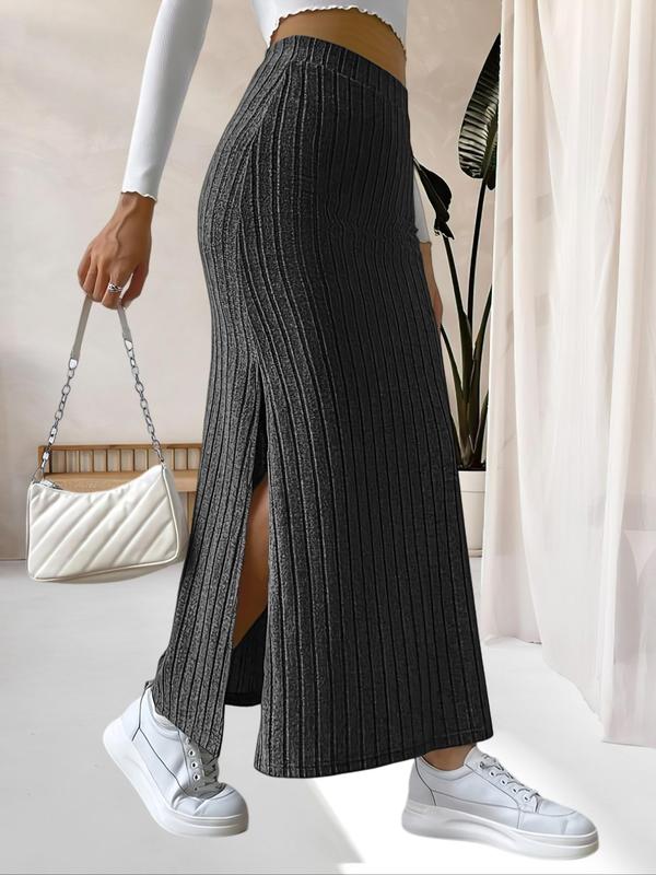 Women's Solid Split Thigh Skirt, Elegant Fashion Casual Cozy Knit Skirt for Daily Outdoor Wear, Women's Knit Bottoms for Fall & Winter