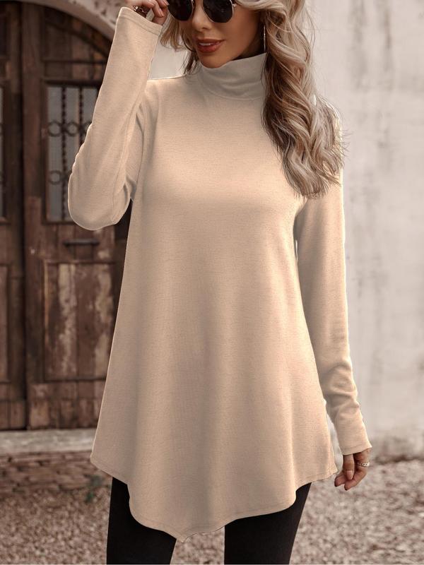 Women's Solid Asymmetrical Hem Turtle Neck T-shirt, Elegant Fashion Casual Long Sleeve Tee for Daily Outdoor Wear, Women Clothing for Spring Fall