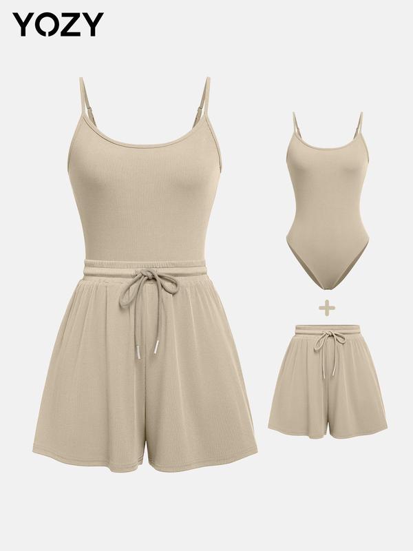 YOZY [10 colors, size 0 2-14]  Adjustable Strap Cami Bodysuit & Drawstring Wide Leg Shorts Set  Casual Round Neck Sphaghetti Strap Bodysuit & Elastic Shorts Set, 2024 Women's Wear for Summer, [XS-XXL]