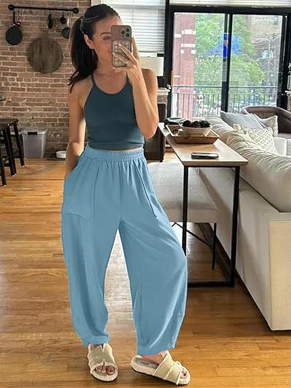 Women's Solid Color Pocket Elastic Waist Pants, Casual Comfy Tulip Hem Trousers for Daily Wear, Ladies Bottoms for All Seasons