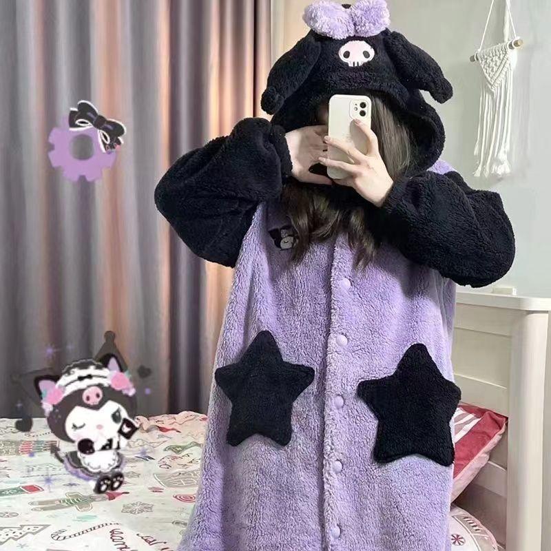 Clow M Pajamas Women's Autumn Fleece-lined Thick Night-Robe Cartoon Cute Student Mid-Length Outerwear Nightdress