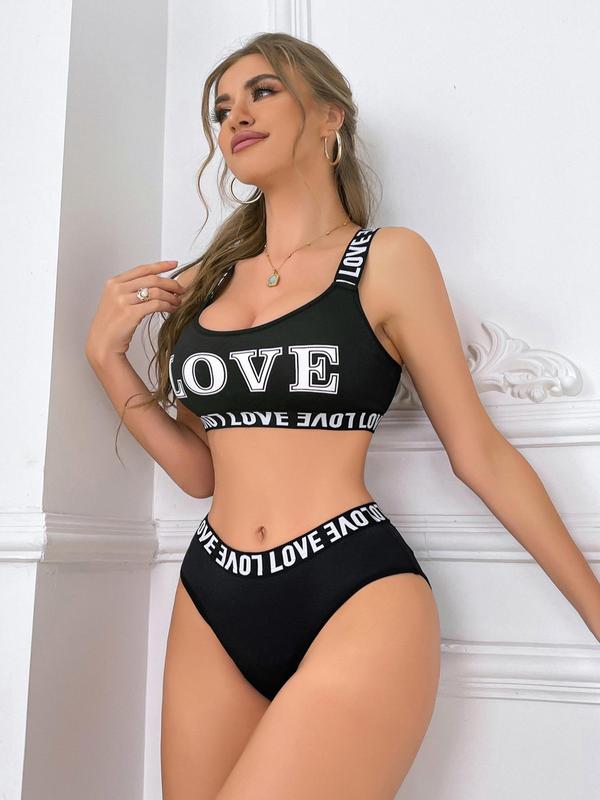 Women's Letter Tape Criss Cross Bra & Panty Underwear Set, Casual Push Up Bralette & Knicker, Summer Wear 2024, Strappy Lingerie for Women, Fall Wear, Fallfreshness, Going Out Wear