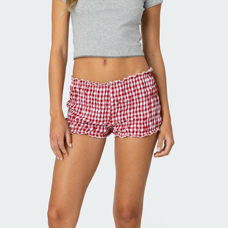 Women Y2k Ruffle Shorts Ruched Plaid Shorts Micro Shorts Pajama Bottoms Y2k Cute Pettipants Gingham Boxer Shorts