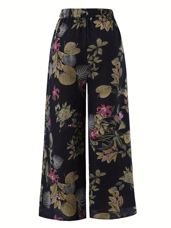 Women's Floral Print Tie Front Elastic Waist Wide Leg Pants, Boho Comfy Loose Trousers for Daily Holiday Vacation Wear, Ladies Bottoms for Spring & Fall