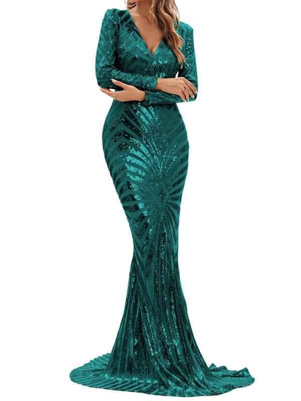 Women's Glitter Sequin Wrap V Neck Evening Dress, Elegant Long Sleeve Bodycon Dress For Evening Party Wedding, Ladies Spring & Fall Clothes