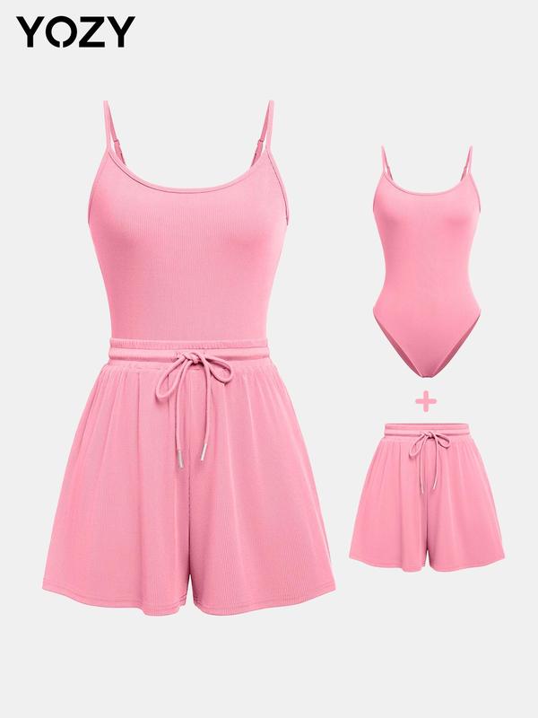 YOZY [10 colors, size 0 2-14]  Adjustable Strap Cami Bodysuit & Drawstring Wide Leg Shorts Set  Casual Round Neck Sphaghetti Strap Bodysuit & Elastic Shorts Set, 2024 Women's Wear for Summer, [XS-XXL]