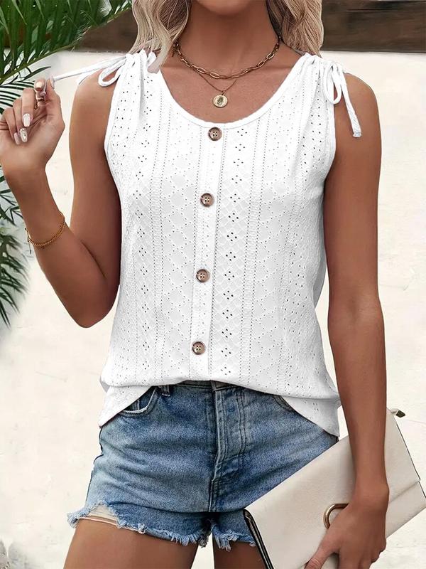 Women's Eyelet Embroidery Drawstring Tie Shoulder Tank Top, Casual Sleeveless Round Neck Button Decor Top, Women's Summer Clothes for Daily Wear, Vacation Outfits 2024