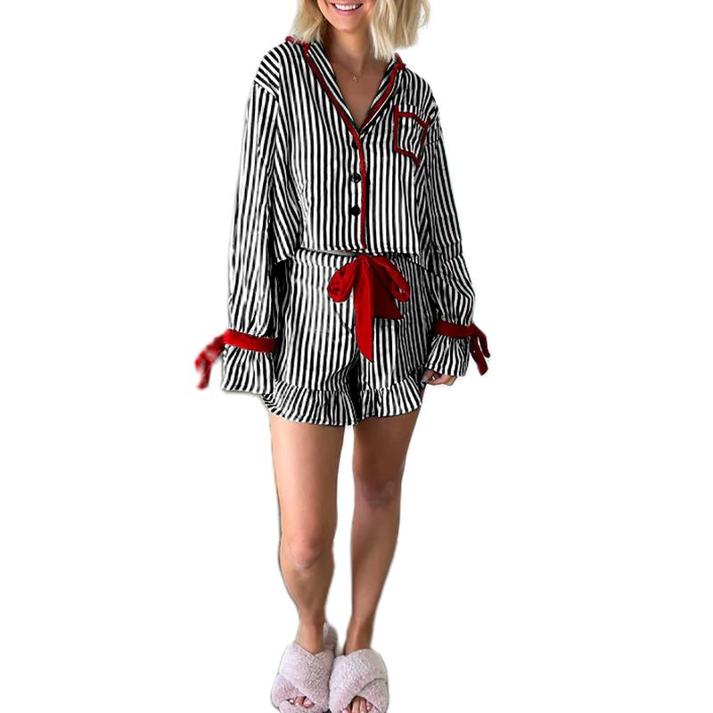 Women Christmas Two Piece Pajama Set Cute Print Long Sleeve Button Down Shirt Elastic Shorts Holiday Sleepwear