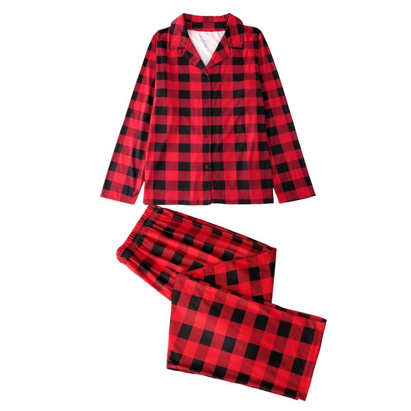 Red Black Matching Christmas Pajamas For Family, Plaid Print Long Sleeve Lapel Shirt, Pants, Dress, Jumpsuit, Dog Triangular Bib