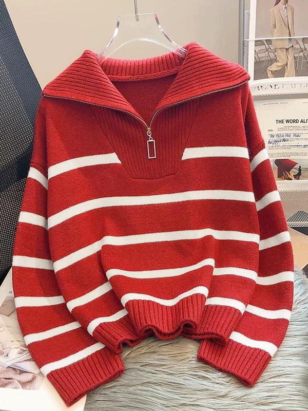 Women's Striped Print Zipper Drop Shoulder Sweater for Spring, Casual Long Sleeve Collared Jumper for Daily Outdoor Wear, Women's Knitwear Top for Fall, Downtown Girl Clothes