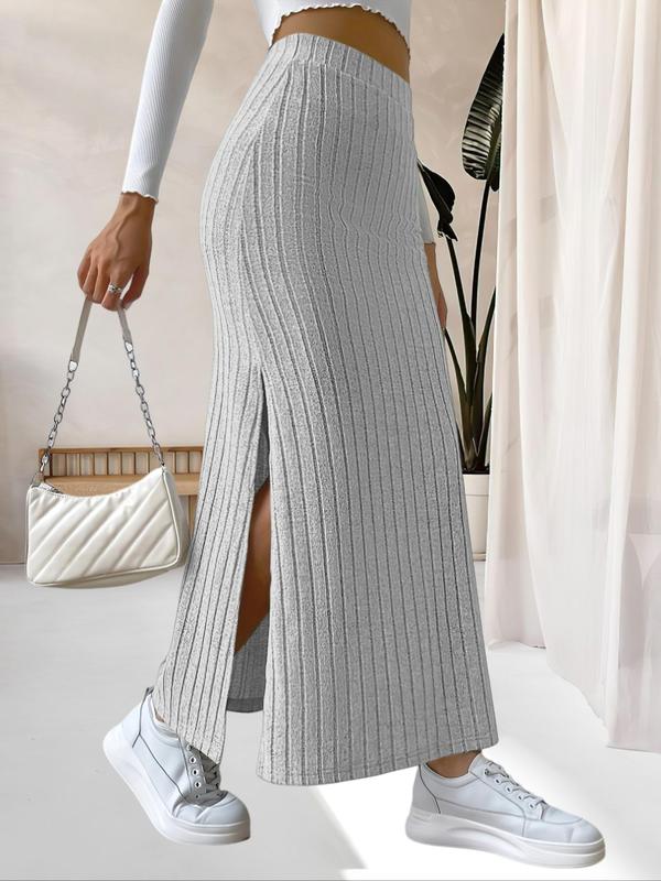 Women's Solid Split Thigh Skirt, Elegant Fashion Casual Cozy Knit Skirt for Daily Outdoor Wear, Women's Knit Bottoms for Fall & Winter