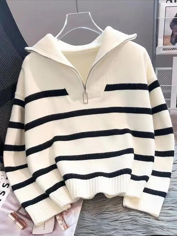 Women's Striped Print Zipper Drop Shoulder Sweater for Spring, Casual Long Sleeve Collared Jumper for Daily Outdoor Wear, Women's Knitwear Top for Fall, Downtown Girl Clothes