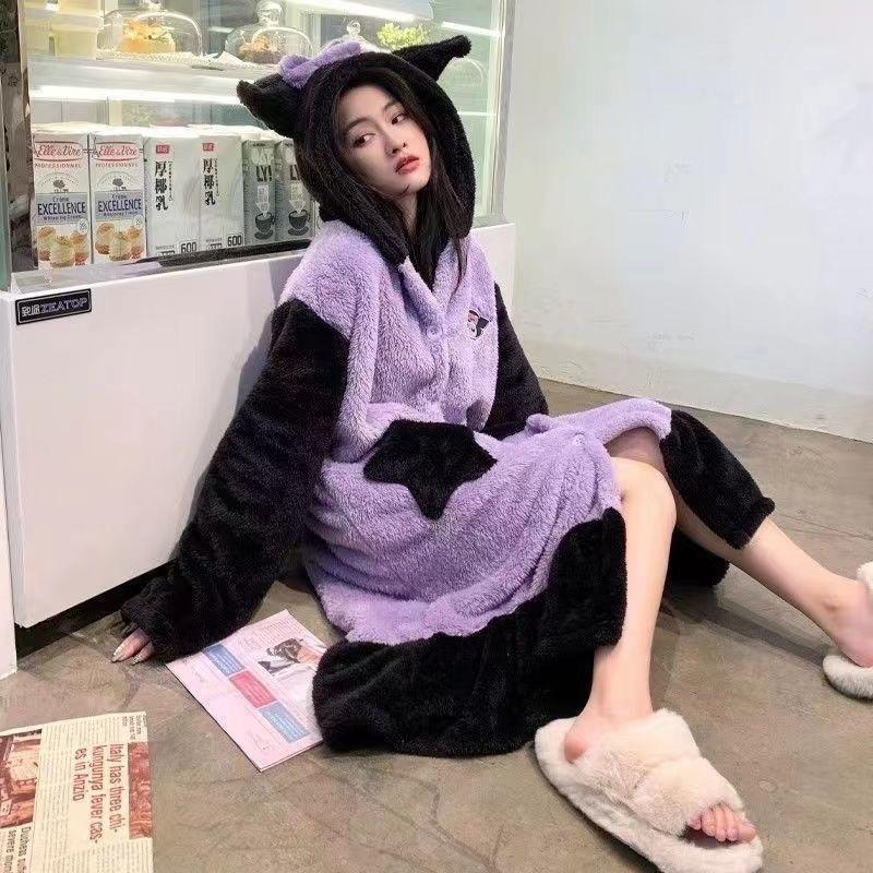 Clow M Pajamas Women's Autumn Fleece-lined Thick Night-Robe Cartoon Cute Student Mid-Length Outerwear Nightdress