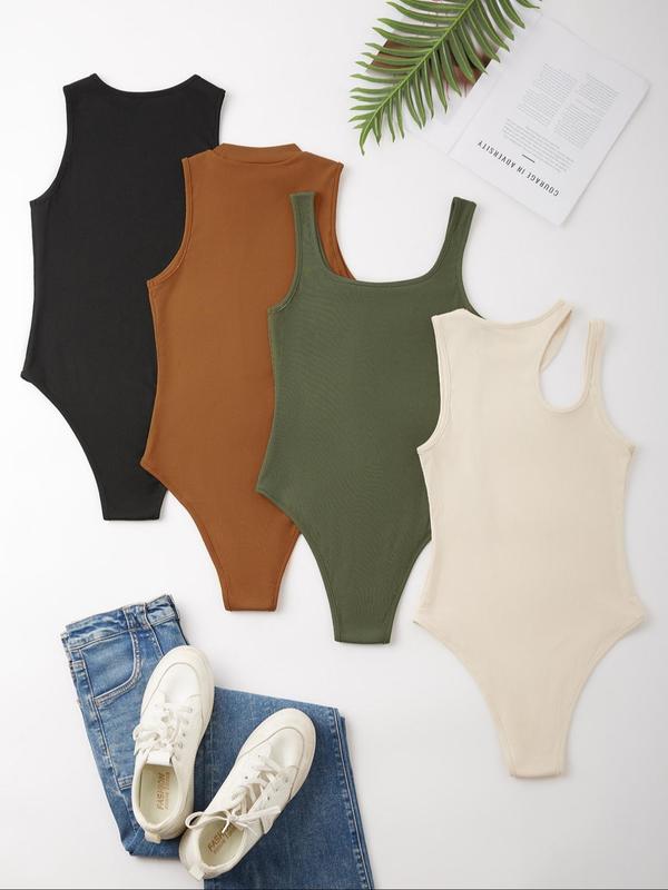 Women's Plain Cut Out Round Neck Sleeveless Bodysuit, Bodysuits for Women, Casual Crewneck Ribbed Bodysuit for Summer, body suits for women, Lady's Top Clothes,  Minimalist Womenswear, One-Piece Clothes Women, Summer Outfits, 2024 Trendy Women Outfits