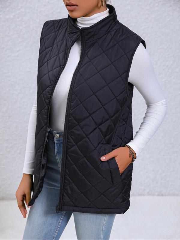 Women's Basic Solid Mock Neck Zip up Quilted Vest Coat, Casual Pocket Zipper Sleeveless Outerwear for Lady Fall & Winter, Minimalist Women's Clothes Tops for Daily Wear, Womenswear