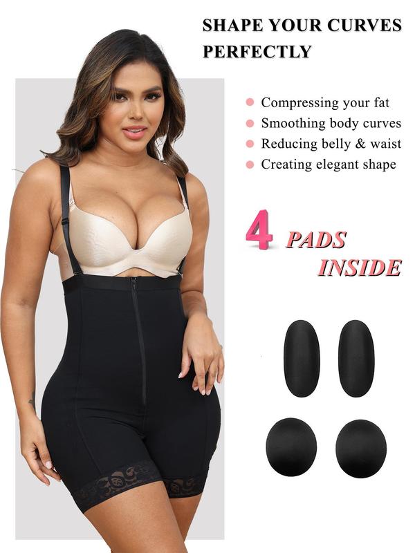 Women's Contrast Lace Zipper Fly Shapewear Shorts with Four Pads, Adjustable Strap Back To School Shapewear Bottoms, High Stretch Tummy Control Butt Lifter, Tummy Hiding Body Shapewear Clothes, Summer Wear