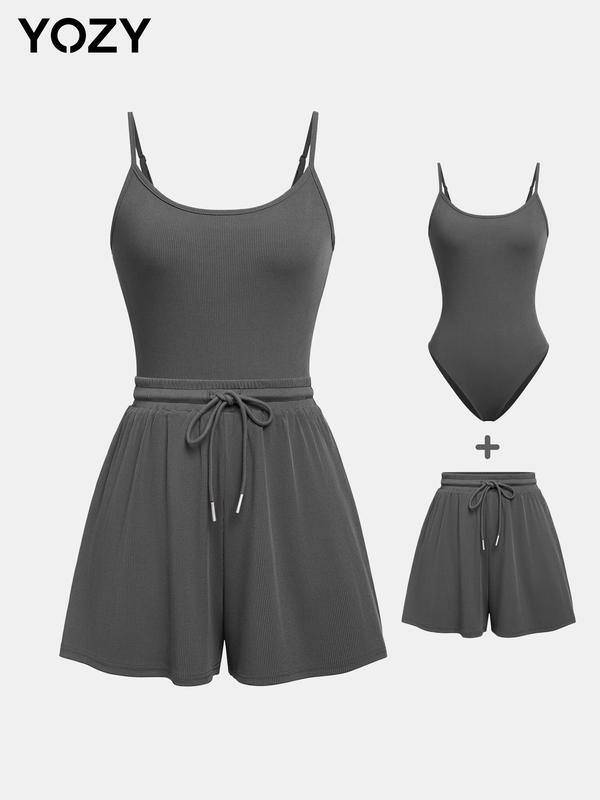 YOZY [10 colors, size 0 2-14]  Adjustable Strap Cami Bodysuit & Drawstring Wide Leg Shorts Set  Casual Round Neck Sphaghetti Strap Bodysuit & Elastic Shorts Set, 2024 Women's Wear for Summer, [XS-XXL]