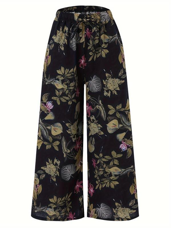 Women's Floral Print Tie Front Elastic Waist Wide Leg Pants, Boho Comfy Loose Trousers for Daily Holiday Vacation Wear, Ladies Bottoms for Spring & Fall