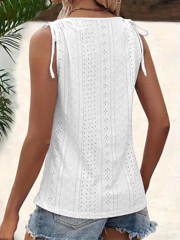 Women's Eyelet Embroidery Drawstring Tie Shoulder Tank Top, Casual Sleeveless Round Neck Button Decor Top, Women's Summer Clothes for Daily Wear, Vacation Outfits 2024