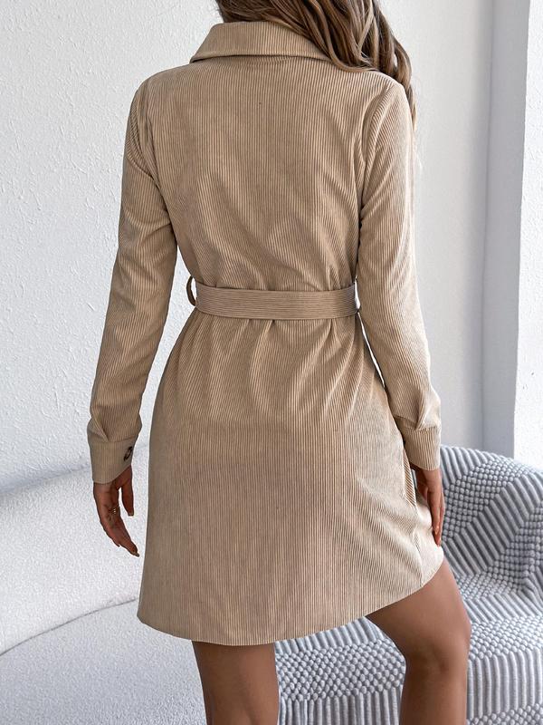 Women's Solid Color Corduroy Dress, Casual Long Sleeve Belted Dress for Fall & Winter, Women's Clothing for Daily Wear