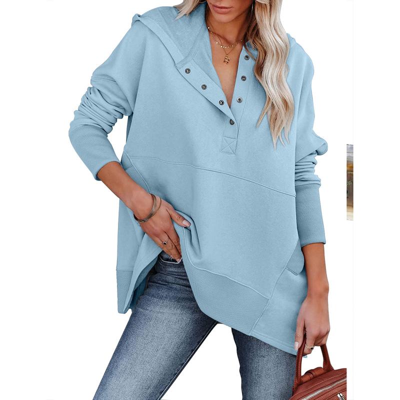 CHICZONE Women Fall Casual Sweatshirts Top Button V Neck Oversized Cotton Basic Henley Pullover Hoodie 2024 Fashion Outfit Clothing Womenswear Sweaters