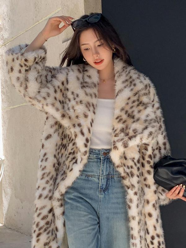 Women's Leopard Print Faux Fur Coat, Casual Long Sleeve Waterfall Collar Fuzzy Coat for Fall & Winter, Women's Clothing for Daily Wear