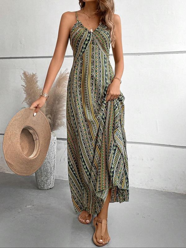 Women's Summer Ethnic Pattern Backless Split Thigh Cami Dress, Ladies Summer Clothes, Back To School Outfits, Boho Fashion Frill Trim Long Dress for Beach, Women's Summer Dresses