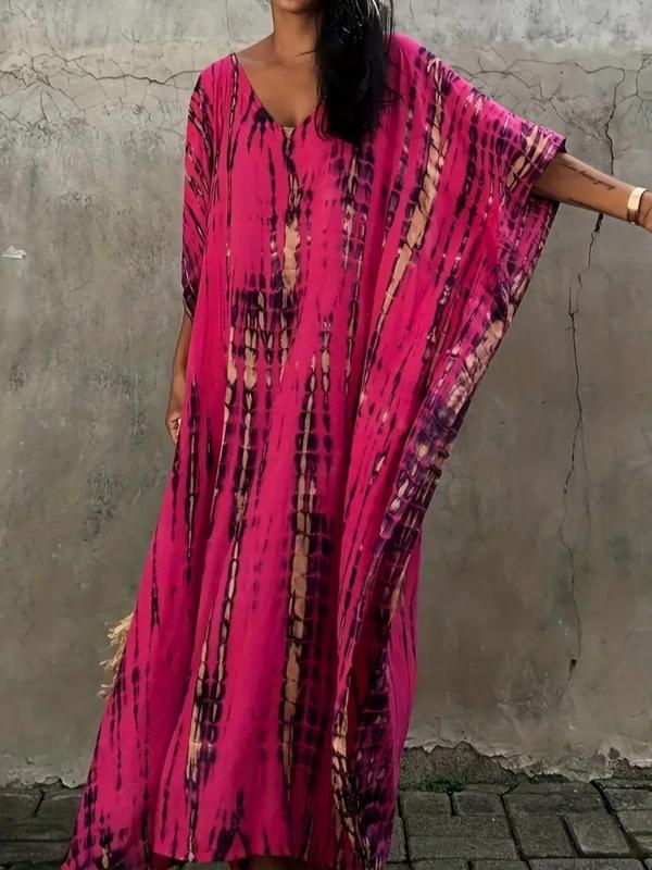  Women's Tie Dye Print Batwing Sleeve Split Hem Lounge Dress, Casual V Neck 3 4 Sleeve Long Dress for Summer, Women's Sleepwear for Indoor Wear