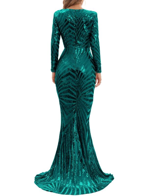 Women's Glitter Sequin Wrap V Neck Evening Dress, Elegant Long Sleeve Bodycon Dress For Evening Party Wedding, Ladies Spring & Fall Clothes