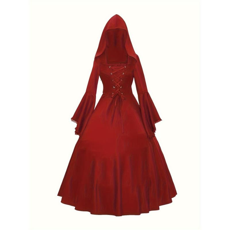 Timeless Gothic Hooded Long Dress - Vintage Renaissance Cosplay Maxi Gown with Intricate Lace-Up & Flared Sleeves - Perfect for Medieval Enthusiasts & Costume Events - Womens Clothing