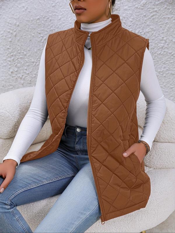 Women's Basic Solid Mock Neck Zip up Quilted Vest Coat, Casual Pocket Zipper Sleeveless Outerwear for Lady Fall & Winter, Minimalist Women's Clothes Tops for Daily Wear, Womenswear