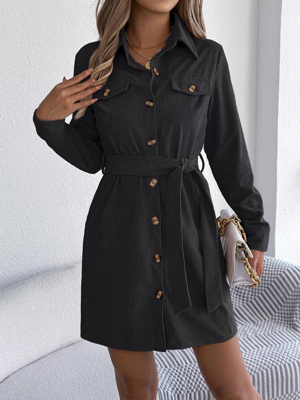 Women's Solid Color Corduroy Dress, Casual Long Sleeve Belted Dress for Fall & Winter, Women's Clothing for Daily Wear