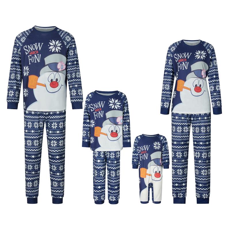 Snowman Print Matching Christmas Pajamas For Family Snowman Print Long Sleeve Tops and Snowflake Print Pants Sleepwear